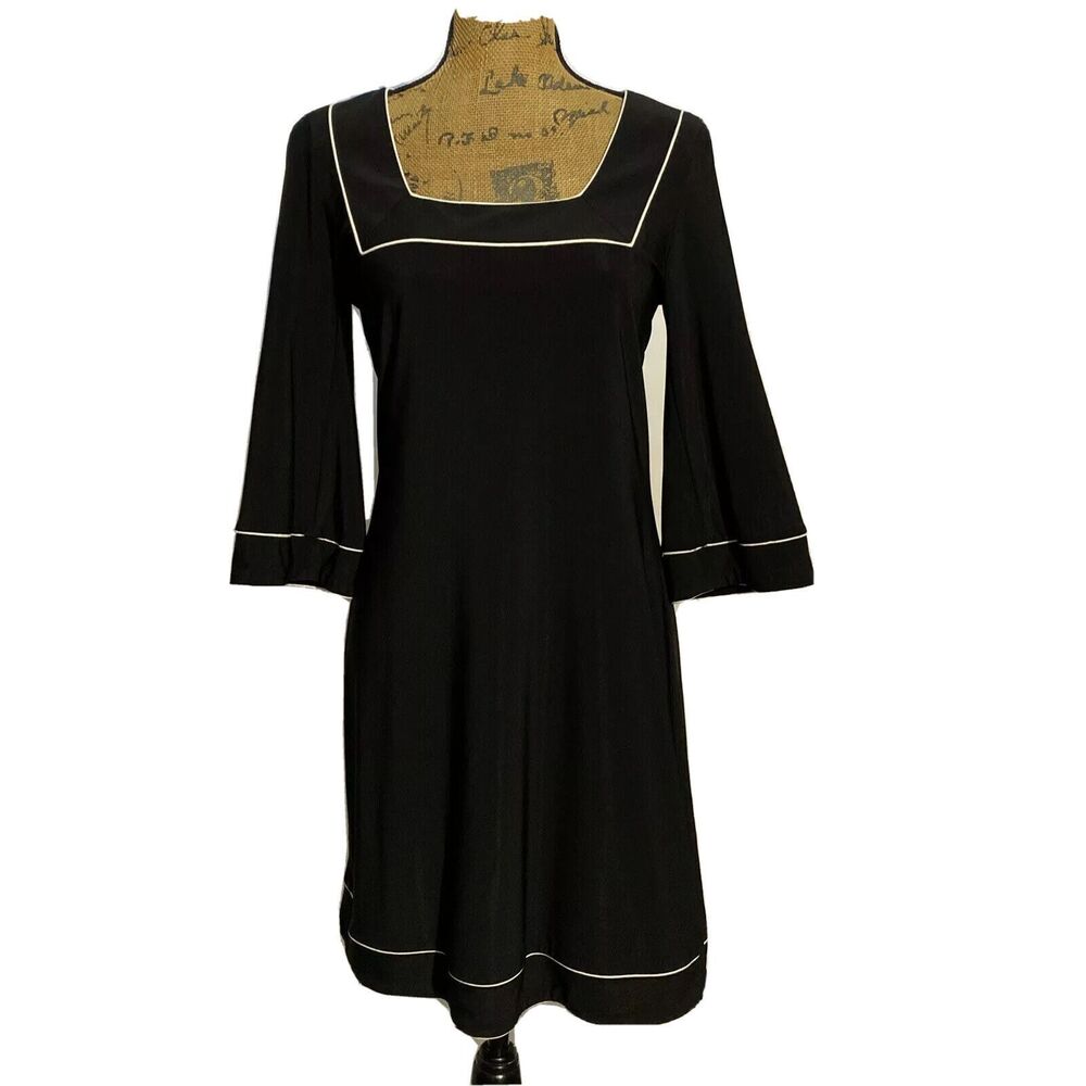 White House Black Market Dress SMALL Piping Trim Square Neck 3/4‎ Sl Jersey Knit